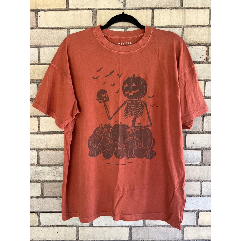 American Eagle Halloween Skeleton Pumpkin Graphic T-Shirt Orange Men's Sz Medium